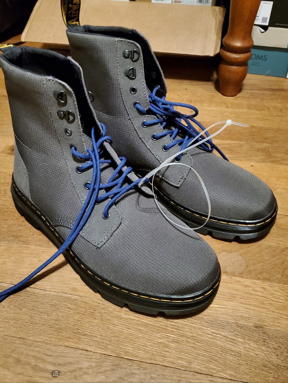 Dr. Martens Gray Canvas Lace-Up Boots with Blue Laces